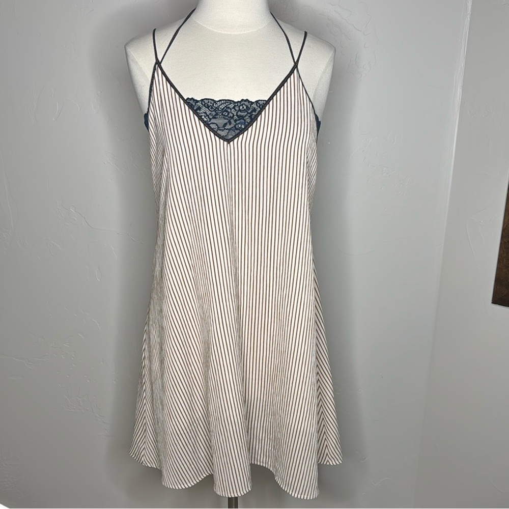 Hem & Thread Brown and White Stripe Dress With Navy Lace Bando Medium
